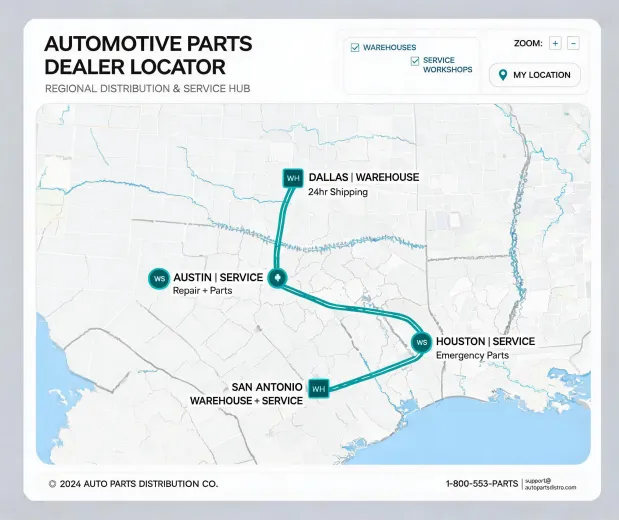 Dealer locator map for Gates parts support